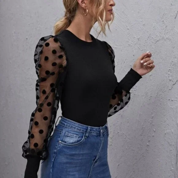 Sheer long sleeve polka dot blouse - BLACK - Picture 2 of 5